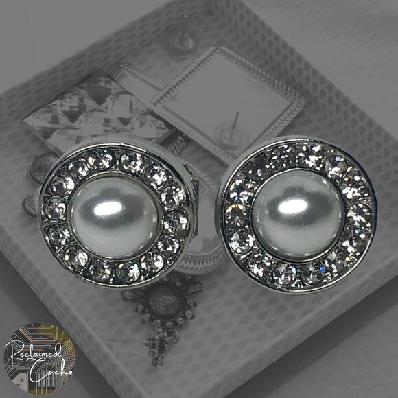 Silver and Pearl Round Pearl Clip-On Stud Earrings - Picture 1 of 3